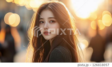 夕陽に照らされる女性のポートレート 126818057