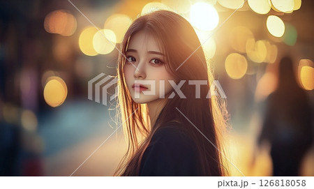 夕陽に照らされる女性のポートレート 126818058