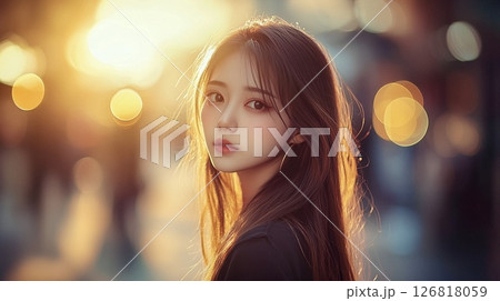 夕陽に照らされる女性のポートレート 126818059