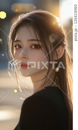 夕陽に照らされる女性のポートレート 126818060