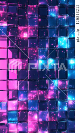 Abstract neon lights on glass blocks with pink and blue glow effects. Futuristic design and technology concept 126818213