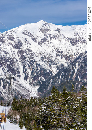 新穂高ロープウェイ西穂高口駅の展望台から見る笠ヶ岳　残雪期の西穂高岳独標雪山登山 126818264