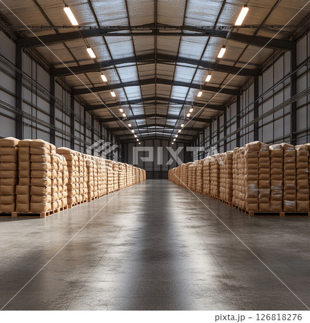 大量の備蓄米が保管された巨大な倉庫 126818276