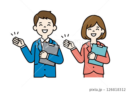 資料を持って案内する、ビジネスマンのシンプルなベクターイラスト素材＿男女セット＿カラー 126818312