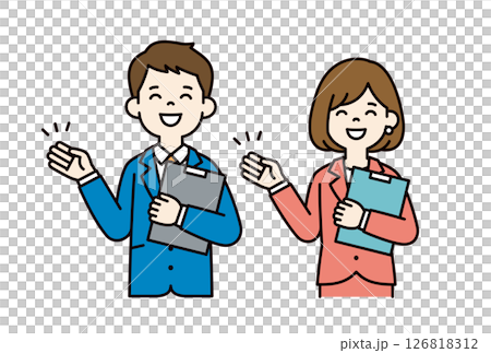 資料を持って案内する、ビジネスマンのシンプルなベクターイラスト素材＿男女セット＿カラー 126818312