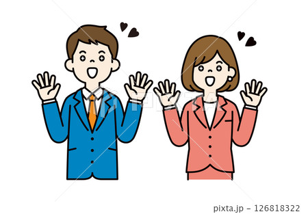 目を潤ませて喜ぶ、ビジネスマンのシンプルなベクターイラスト素材＿男女セット＿カラー 126818322