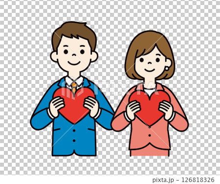 Simple vector illustration of a businessman holding a big heart in his chest_Men and women set_Color 126818326