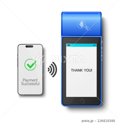 Vector 3D Realistic NFC Payment Terminal and Smartphone Closeup. Approved Payment, Successful Transaction. Payment Machine Design Template, Bank Payment Contactless Terminal 126818380