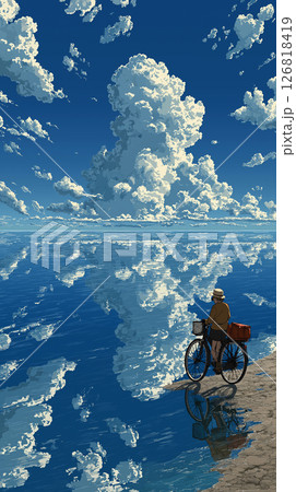 夏の青空と白い雲が広がる海の上を自転車で走る少女の幻想シーン｜透明感ある空の旅と爽やかな青春を表現 126818419
