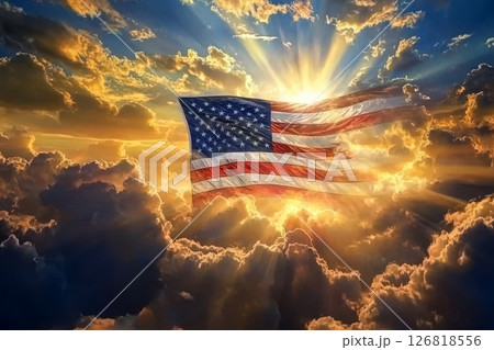 The American flag waving in the wind with a beautiful sunset in the background. Perfect for patriotic or political projects 126818556