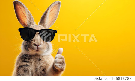 Cool Bunny Rabbit Wearing Sunglasses Thumbs Up Yellow Background pet fun cute happy image photo. 126818788
