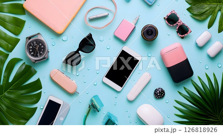 Clean e-commerce interface flat lay of gadgets and accessories with raindrop effects banner reading seasonal offers 126818926