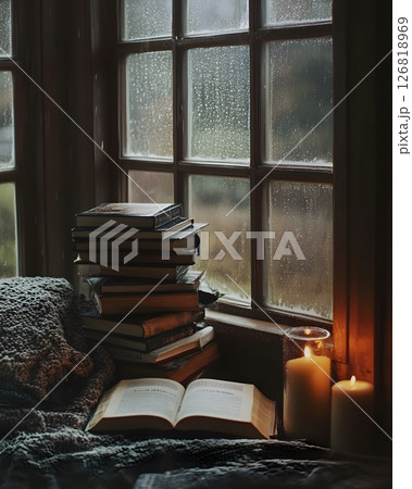 Indoor cozy space with books stacked near rainy window soft lighting seasonal reading sale 126818969