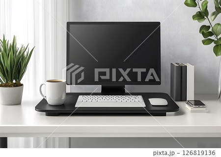 office desk setup with digital tools, coffee mug, smartphone, organized space, stock photo style, realistic, 126819136