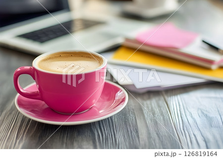 relaxed workspace with ergonomic chair, coffee, and productivity board, stock photo style, realistic, 126819164