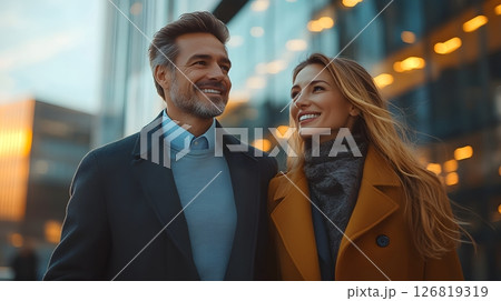 two executives walking together and talking in front of office building, professional appearance 126819319