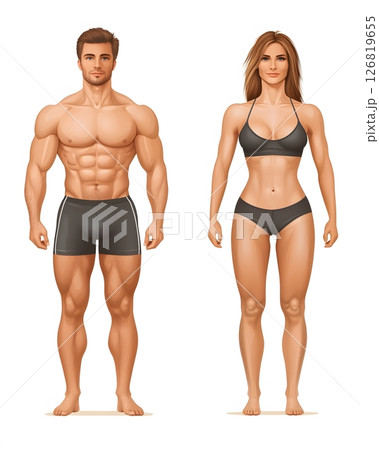 realistic depiction of body fat percentage levels, comparison between male and female, educational chart style realistic depiction of body fat percentage levels, comparison between male and female, educational chart style 126819655