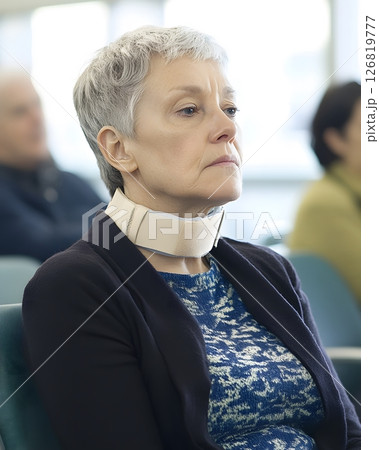 woman with neck brace sitting in hospital waiting room, 126819777