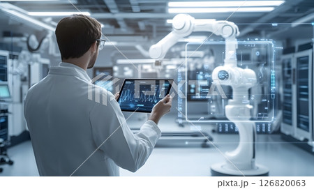 Medical expert holding tablet with diagnostic software, futuristic hospital environment, focus on clean design and digital interface, 126820063