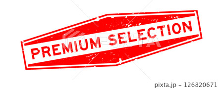 Grunge red premium selection word hexagon seal stamp on white background 126820671