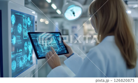 Smart healthcare system with tablet in use by doctor, modern clinic setting with electronic records and diagnostics, 126820875