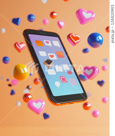 3D render of a smartphone displaying multiple social media notifications 126820903