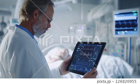 Physician evaluating patient condition via smart healthcare software, tablet in hand, high-tech medical suite, 126820955