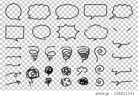 Speech bubbles, arrows, and hazy icon material. Manga illustrations. Hand-drawn vector material. 126821141