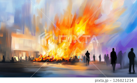 Holika Dahan celebration with bonfire and colorful smoke, background 126821214