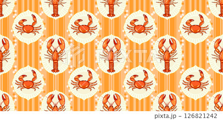 Mediterranean seaside summer seafood concept seamless pattern. Hand drawn crab and lobster served on a plate on a striped tablecloth, print design vector illustration 126821242