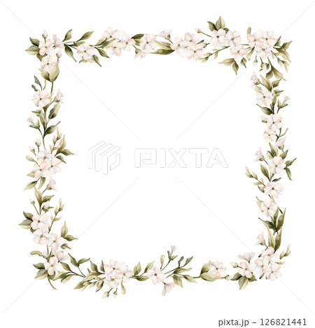 White small flowers with leaves frame. Jasmine, orange, apple blossom. Watercolor hand painted cute floral isolated illustration for wedding design, home textile, porcelain crockery, cosmetic package 126821441