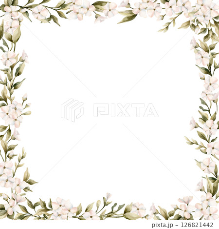 White small flowers with leaves frame. Jasmine, orange, apple blossom. Watercolor hand painted cute floral isolated illustration for wedding design, home textile, porcelain crockery, cosmetic package 126821442