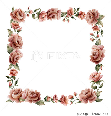 Rose flower frame. Dusty pink garden flowers square arrangement. Watercolor hand painted floral isolated illustration for wedding design, home textile, porcelain crockery, cosmetic package, labels 126821443