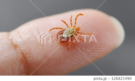 Close-up view of tick on human finger: detailed examination of arachnid parasite 126821490