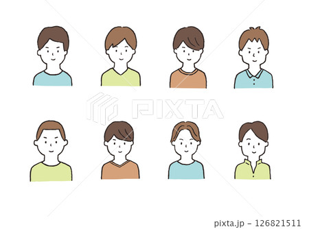 若い男性の手描きイラストセット(上半身) 若い男性の手描きイラストセット(上半身) 126821511