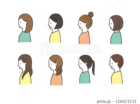 若い女性の手描きイラストセット（上半身・横向き） 126821515