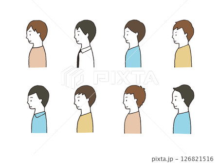 若い男性の手描きイラストセット（上半身・横向き） 126821516