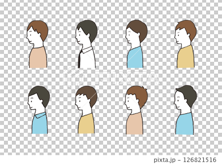 若い男性の手描きイラストセット（上半身・横向き） 126821516