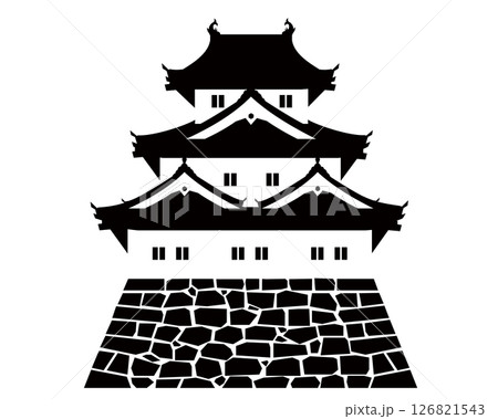 日本の城　三重三階の天守・櫓の白黒イラスト 126821543