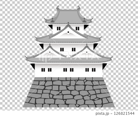 Illustration of a Japanese castle with a three-story tower and turret 126821544