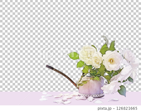 ブリキのじょうろに活けた白い薔薇の透過フレーム 126821665