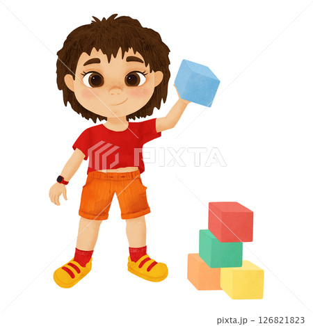 A little boy, a cartoon character with colorful game cubes, a handmade digital illustration on a white background. An element for the design A little boy, a cartoon character with colorful game cubes, a handmade digital illustration on a white background. An element for the design 126821823