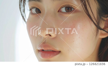 輝く素肌の日本人女性クローズアップ 126821836