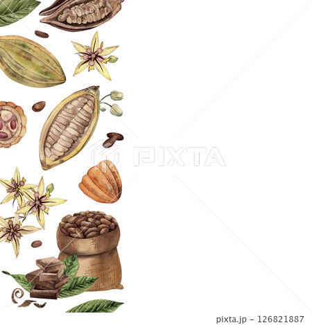 Square damask with cocoa beans, leaves, flowers, chocolate tree grains, with a bag full of seeds. Watercolor illustration painted with watercolors in a botanical style. For packaging, cards, printing 126821887