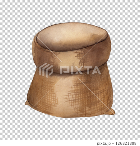 Watercolor illustration of an empty burlap sack or jute bag. Rustic brown hand-painted grain sack for farm, harvest, storage, food packaging, eco product design, market, or organic branding themes 126821889