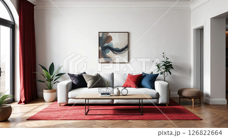 Sophisticated Scandinavian room, burgundy/blue accents, elegant modern design, high-res. 126822664