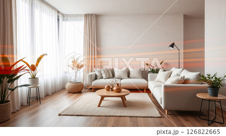 Scandinavian room with light trails, long exposure, red/orange/yellow hues, cozy sofa. 126822665