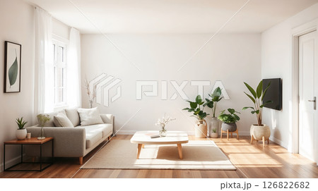 Bright Scandinavian room, vivid light, chiaroscuro style, textured sofa, plants, airy vibe. Bright Scandinavian room, vivid light, chiaroscuro style, textured sofa, plants, airy vibe. 126822682