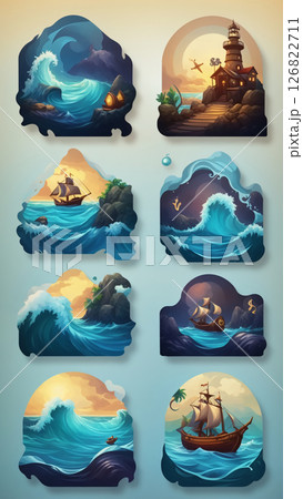 Nautical RPG icons featuring mini sea views and maritime adventure themes. 126822711