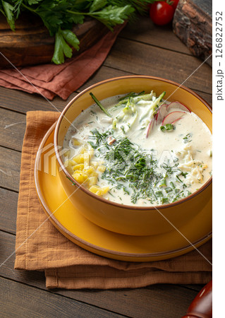 Cold russian soup okroshka with kefir 126822752